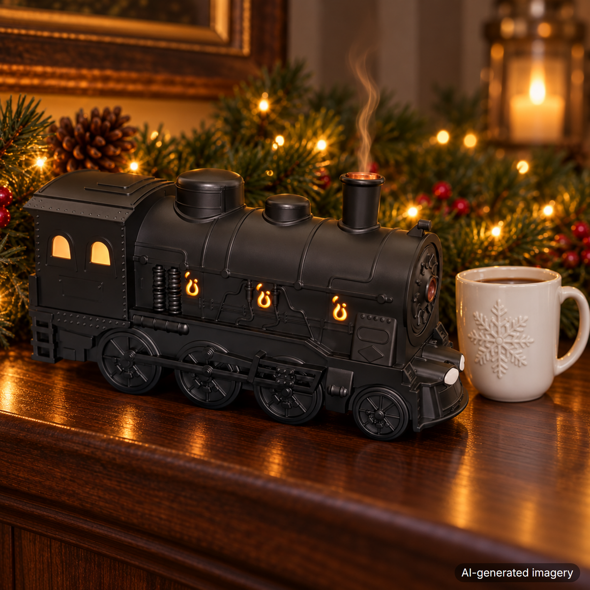 Black steam train diffuser glowing amber on a Christmas mantel (AI-generated scene)