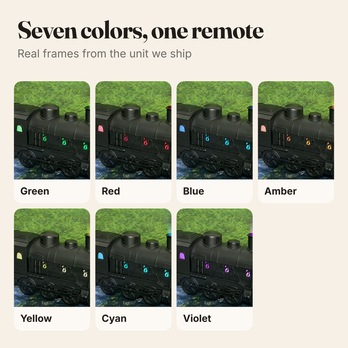 Seven light colors, real frames from the unit we ship