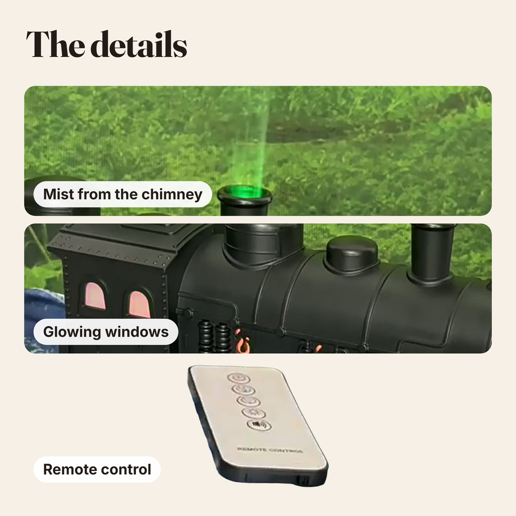 Real close-ups: mist from the chimney, glowing windows and the remote control