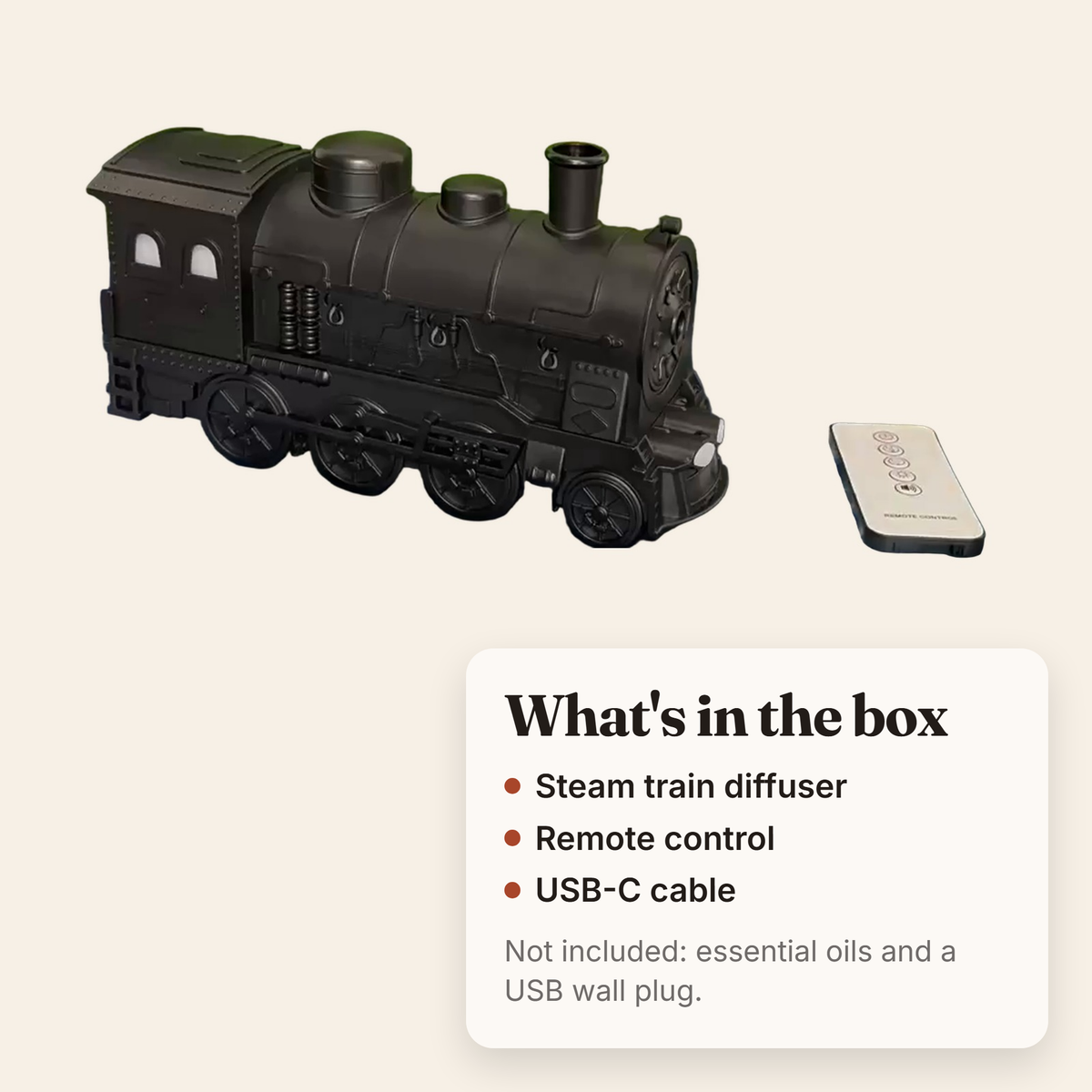 In the box: the steam train diffuser, the remote and a USB-C cable; oils and wall plug not included