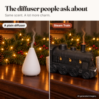 A plain white diffuser next to the steam train on the same mantel (AI-generated scene)