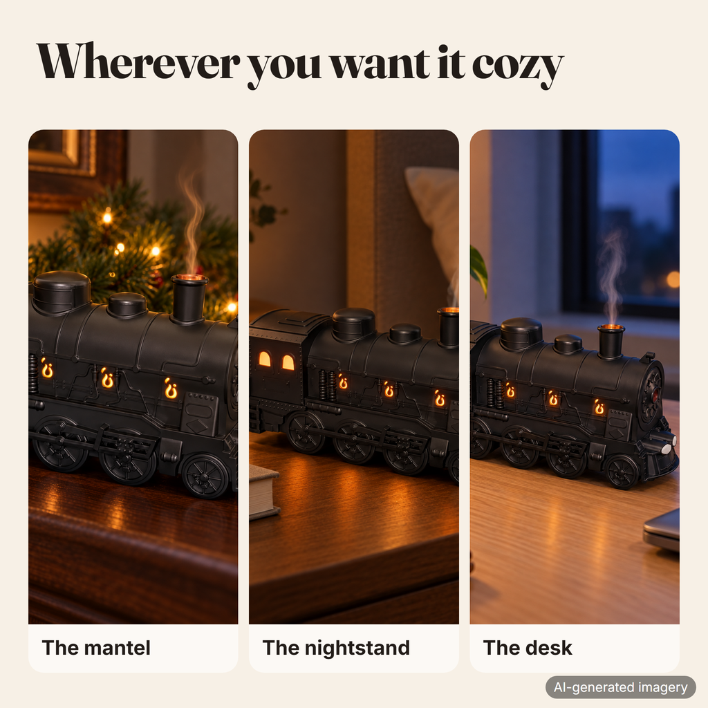 The train on a mantel, a nightstand and a desk (AI-generated scenes)