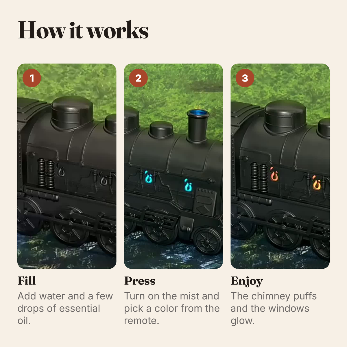 How it works: fill, press the remote, enjoy the glow and mist
